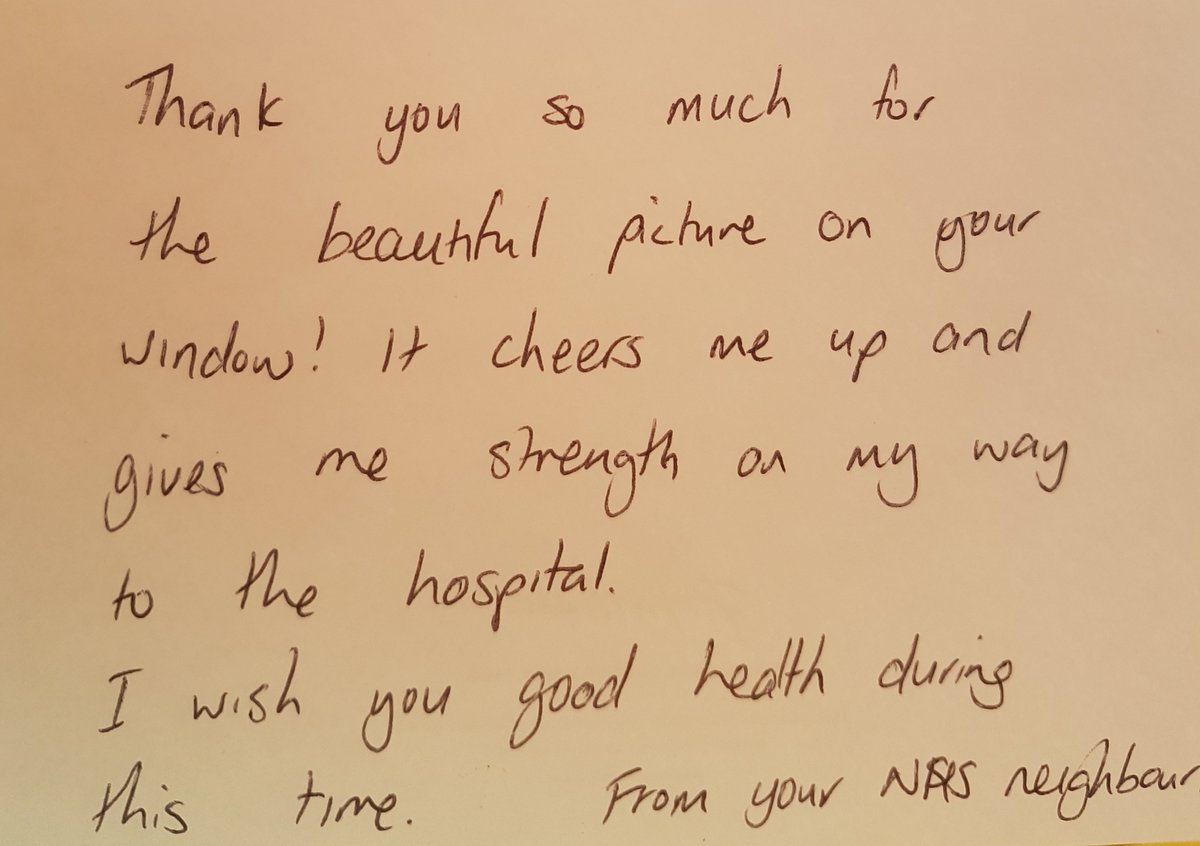 SharadaKeats's tweet photo. Stuck some NHS fan art on our window this weekend and got a note in the post today 😭❤️ #StayHomeSaveLives #NHSLove #keyworkerLove https://t.co/EHlRpIn4aE