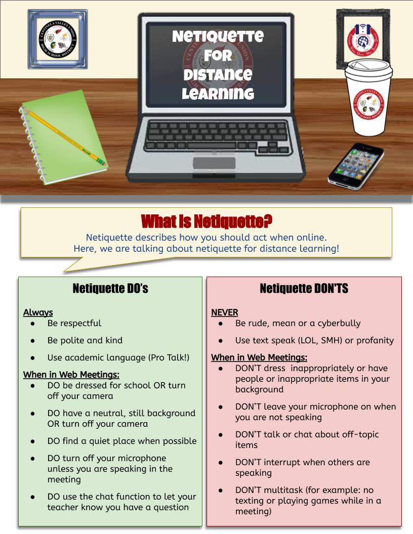 CV_Connect's tweet photo. Attention Parents &amp; Students: What is Netiquette? Netiquette describes how you should act when online. Here, we are talking about netiquette for distance learning!
Here is a list of Netiquette DO’s and DON’TS. #clean #kind #learn #safe
#theCVway #ShowMeTheMath #netiquette #cvuhsd https://t.co/ABg45QM0tz
