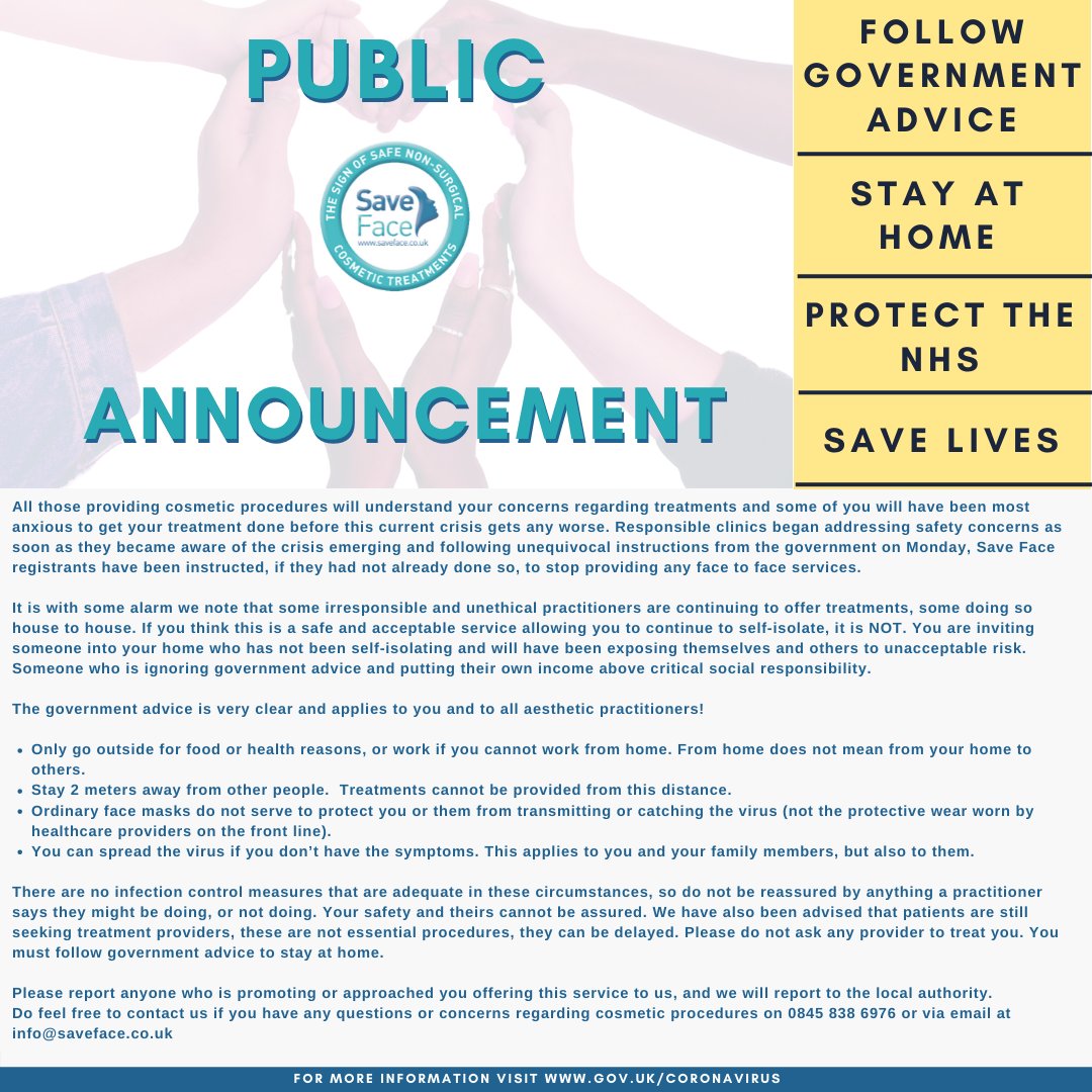 We have been notified that there are several practitioners still offering cosmetic treatments to patients on a mobile basis despite the warnings issued by the government to self-isolate. 

We have compiled this announcement  to try and stop this before it escalates any further