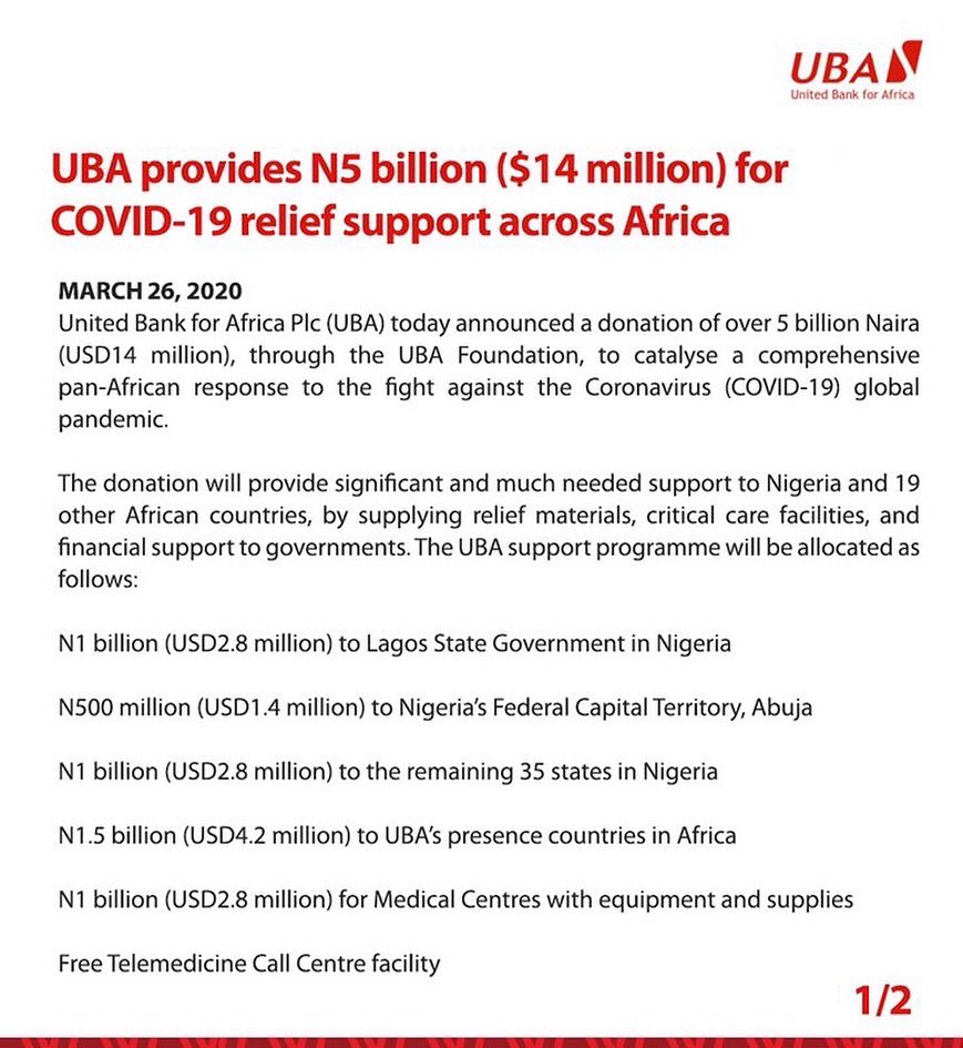 UBA!! @UBAGroup best bank in the world! N5 billion ($14 million) for Covid-19 relief across Africa ! God bless the good people at UBA