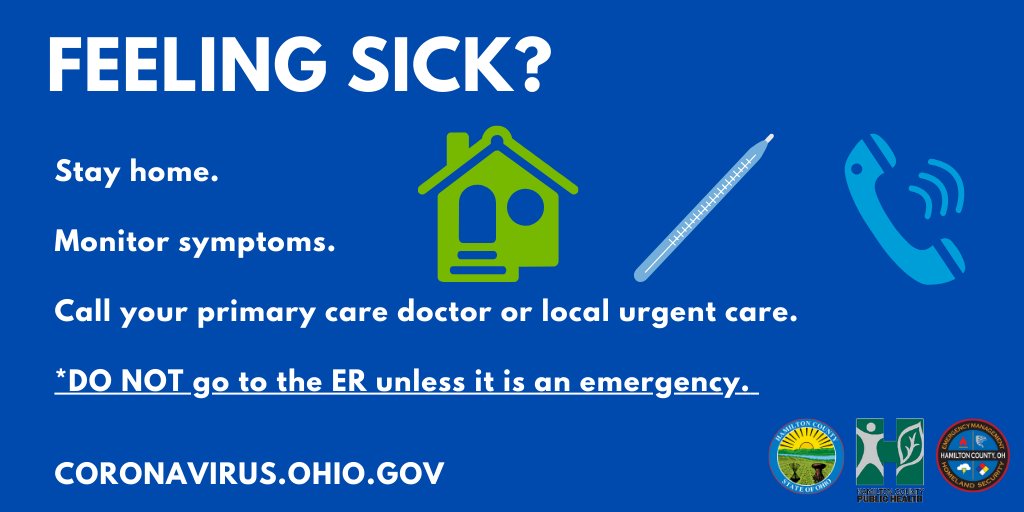 HCEMA's tweet photo. Feeling sick? Stay home, monitor your symptoms & call your primary care doctor. If you don't have a primary care doc, call your local urgent care. Remember, only go to the ER if it is an emergency! 🤒#COVID19 #PrepareNotPanic https://t.co/hsXMS7X34c