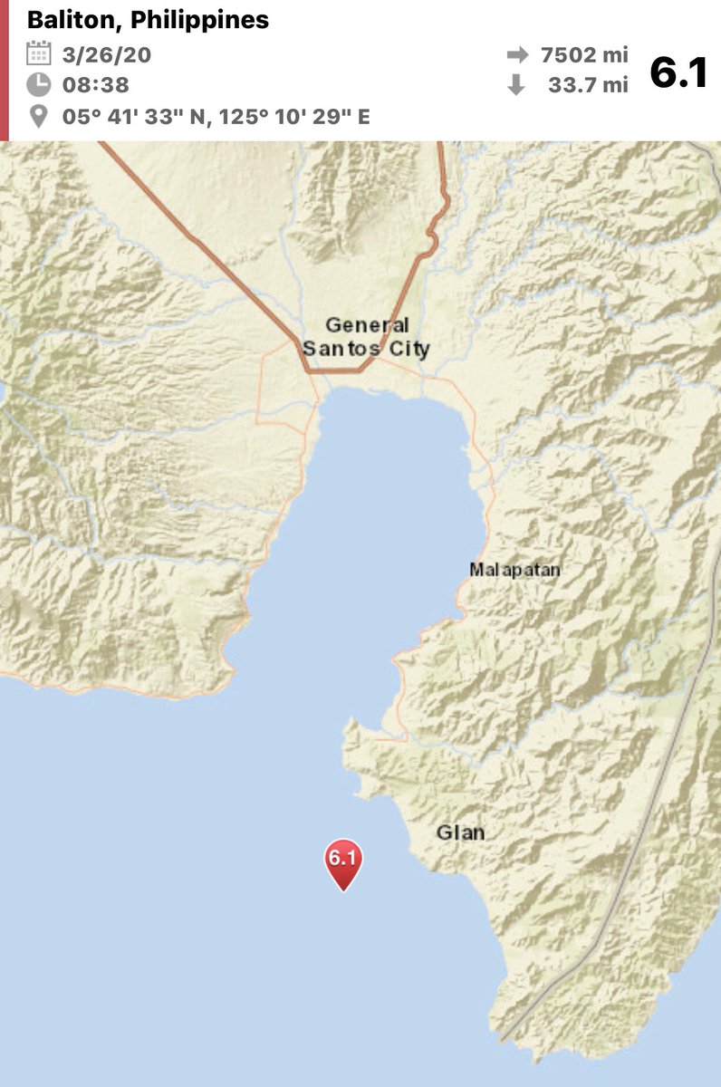 planetgeologist's tweet photo. A 6.1 #earthquake was recorded in the waters south of General Santos City, Philippines. 11:38pm Local time. Not too shallow but close enough to the surface at a 50km depth. https://t.co/PwjKOIEIOi
