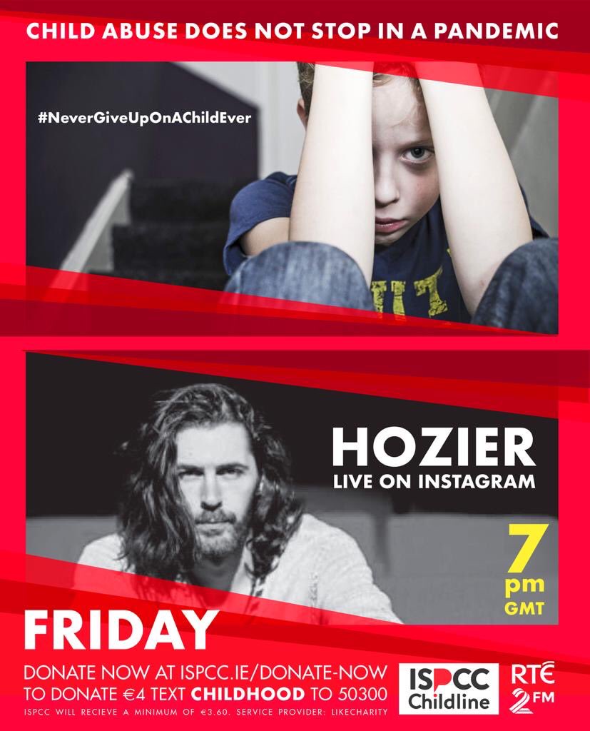 Hozier's tweet image. I’m partnering with @ISPCCChildline &amp;amp; @RTE2fm to #NeverGiveUpOnAChildEver and will be performing live on Instagram tomorrow at 7pm GMT (12p PT/3 ET). Child abuse does not stop in a pandemic. ispcc.ie/donate-now 💚