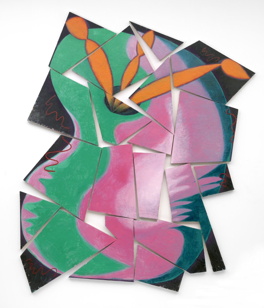 Works by American artist Elizabeth Murray, 1980s-90s, known for her dynamic, sculptural, assembled canvases employing biomorphic, cartoonish forms