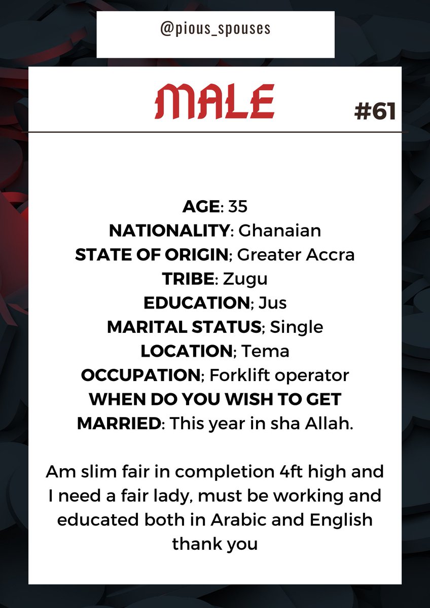 pious_spouses's tweet photo. Assalamu alaikum warahmatullah wabarakatu, 

Sisters......, please DM💬 if interested. #RetweeetPlease #TAG a friend... Jazakhallahu khayr🙏

#piousspouses #pious_spouses #Ghana #Ghanaians #arewatwitter #arewa #Muslims #nikkahonly #matchmake #hausa #ghanians #muslimtwitter https://t.co/EKz2L2bBug