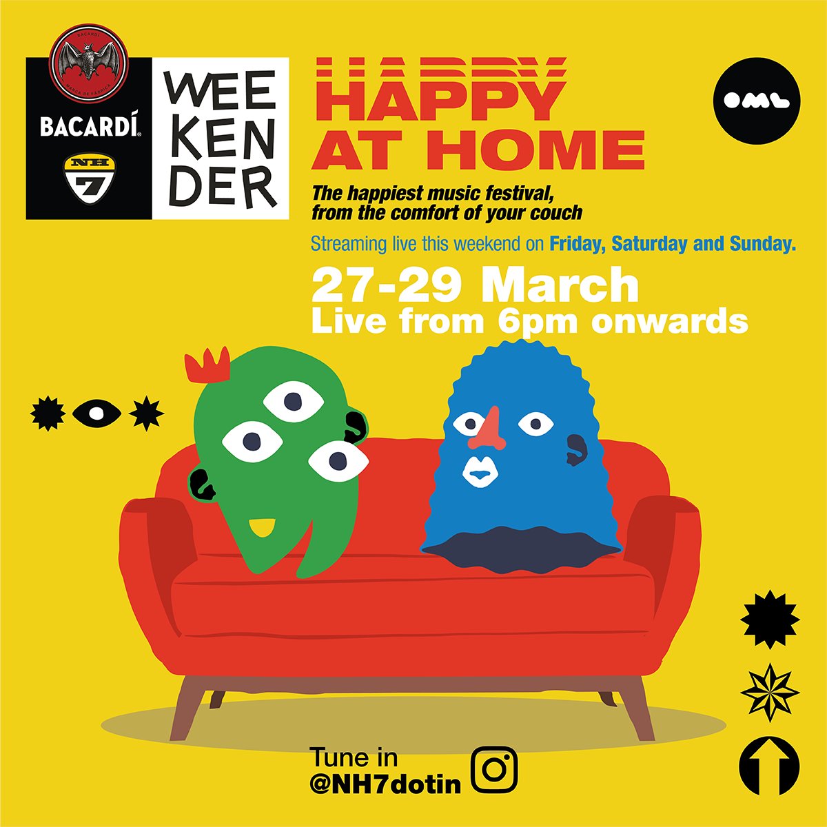 As we all do our bit by staying in, here’s some comfort & a chance to turn WFH into Weekender From Home. Tune in to #BACARDÍNH7 Weekender's #HappyAtHome for live streams every day from tomorrow till Sunday, 6 pm onwards. Instagram Live @ instagram.com/nh7dotin #DoWhatMovesYou