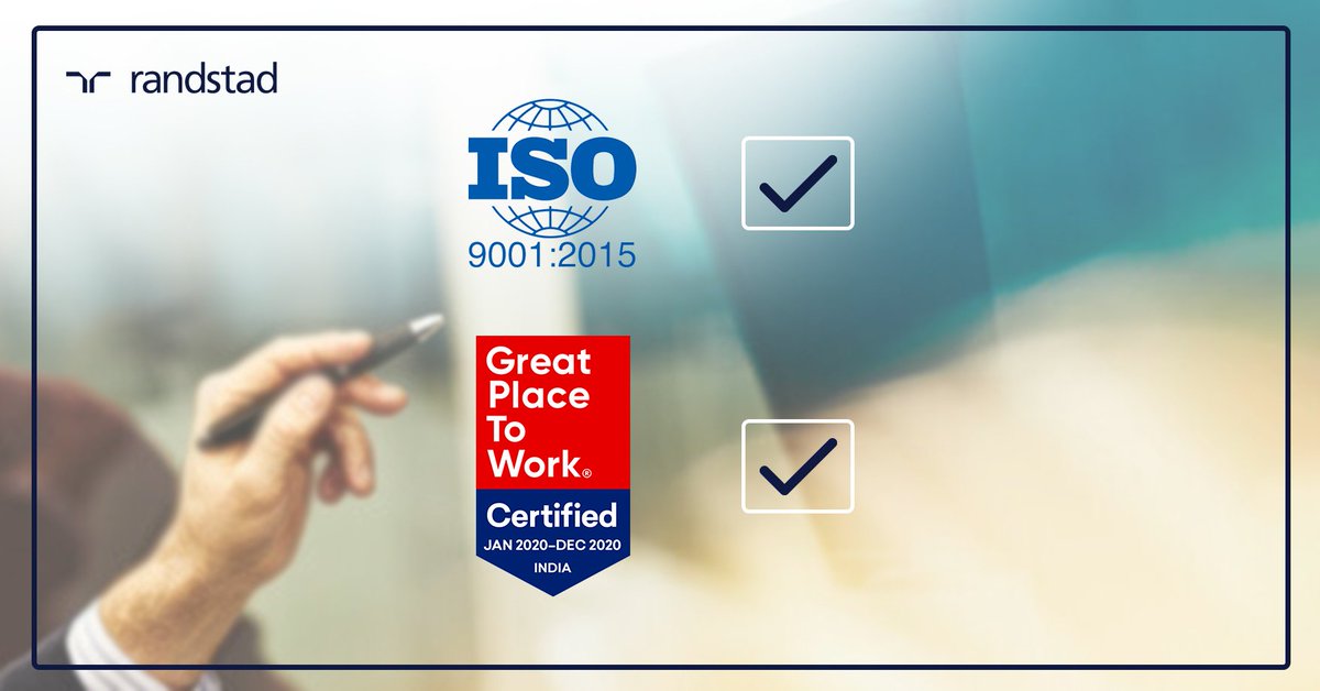 RandstadIndia's tweet photo. "Randstad India is committed to delivering top of the line experience to our customers & employees. The ISO 9001:2015 & The Great Place to Work certifications act as catalysts in our journey of constantly improving our services." #2020BestEver #GreatPlaceToWork #ISOCertified https://t.co/hb74fsqW9C