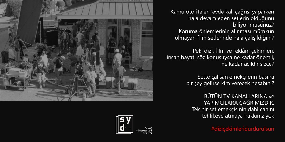 <a href="/atvcomtr/">atv</a>
<a href="/KanalD/">Kanal D</a>

Bütün TV kanallarına  ve yapımcılara çağrımızdır.

Tek bir set emekçisinin dahi canını tehlikeye atmaya hakkınız yok.

Dizi çekimlerini durdurun! 

#diziçekimleridurdurulsun