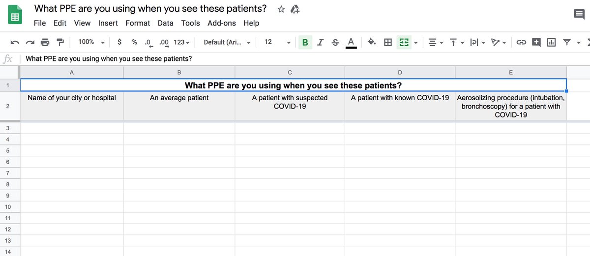 VPrasadMDMPH's tweet photo. Let's crowdsource this
If you are a health care provider..

Anonymously add your hospital's PPE standards for all pts, suspected COVID, known COVID and Aerosolizing procedures to the spreadsheet

Pls RT if u r interested in seeing these data

https://t.co/OWDEdoMaPY https://t.co/KqSQ3YZwcV