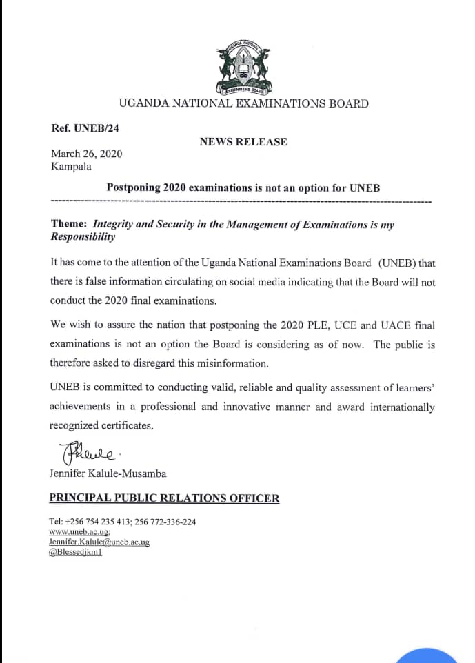 UgandaMediaCent's tweet photo. ATTENTION

Postponing 2020 examinations is not an option for UNEB https://t.co/ZLm6JTQUsG