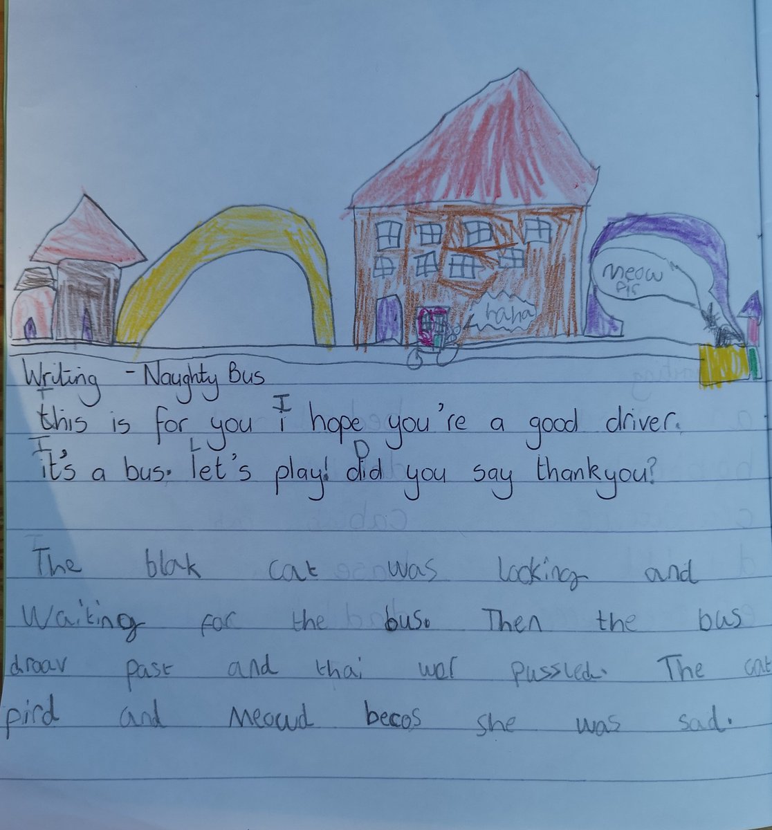 MarianneBrannan's tweet photo. My own Year 1 loved taking part in @AP_Literacy challenge. Naughty Bus was the book they had just started at school. @ShibdenheadAcad She hopes you like her work. (we did an extra challenge - well Mummy is a teacher!) #freereadingresources https://t.co/wdkkAnkWou