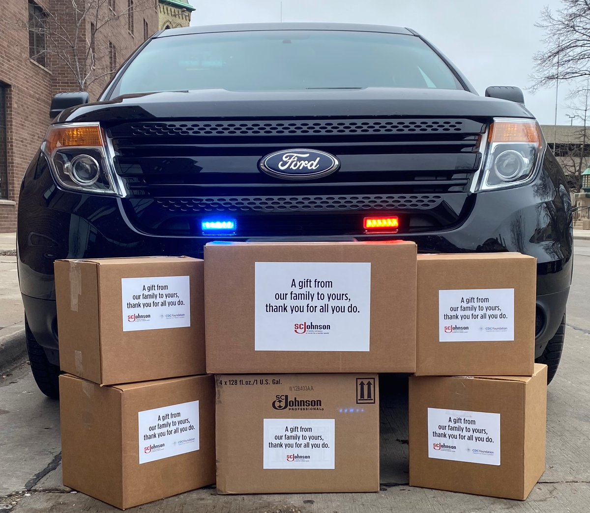 'Huge thank you to SC Johnson for the gift package! Again SCJ comes through for the Racine County Community!'- Sheriff Christopher Schmaling #scjcares #rallyforracine @HFiskJohnson
