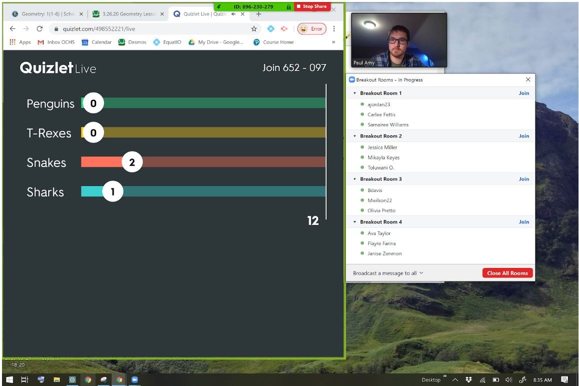 OCHS_Pittsburgh's tweet photo. Quizlet Live with Mr. Amy's CP Geometry this morning. Unsure of the question, we'll jump on the bandwagon and choose snakes for the win! #OCStaysHome #snakesrule https://t.co/4mpzJGSjnK