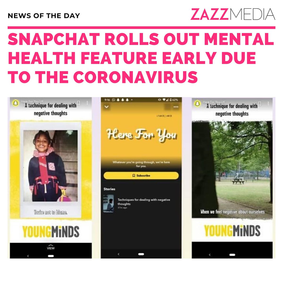zazzmedia's tweet photo. #Snapchat has announced the Here For You feature which will show safety resources from local experts when Snapchatters search for certain topics, including those related to anxiety, depression, stress, grief, suicidal thoughts, and bullying. https://t.co/D6Ug1GZSNV