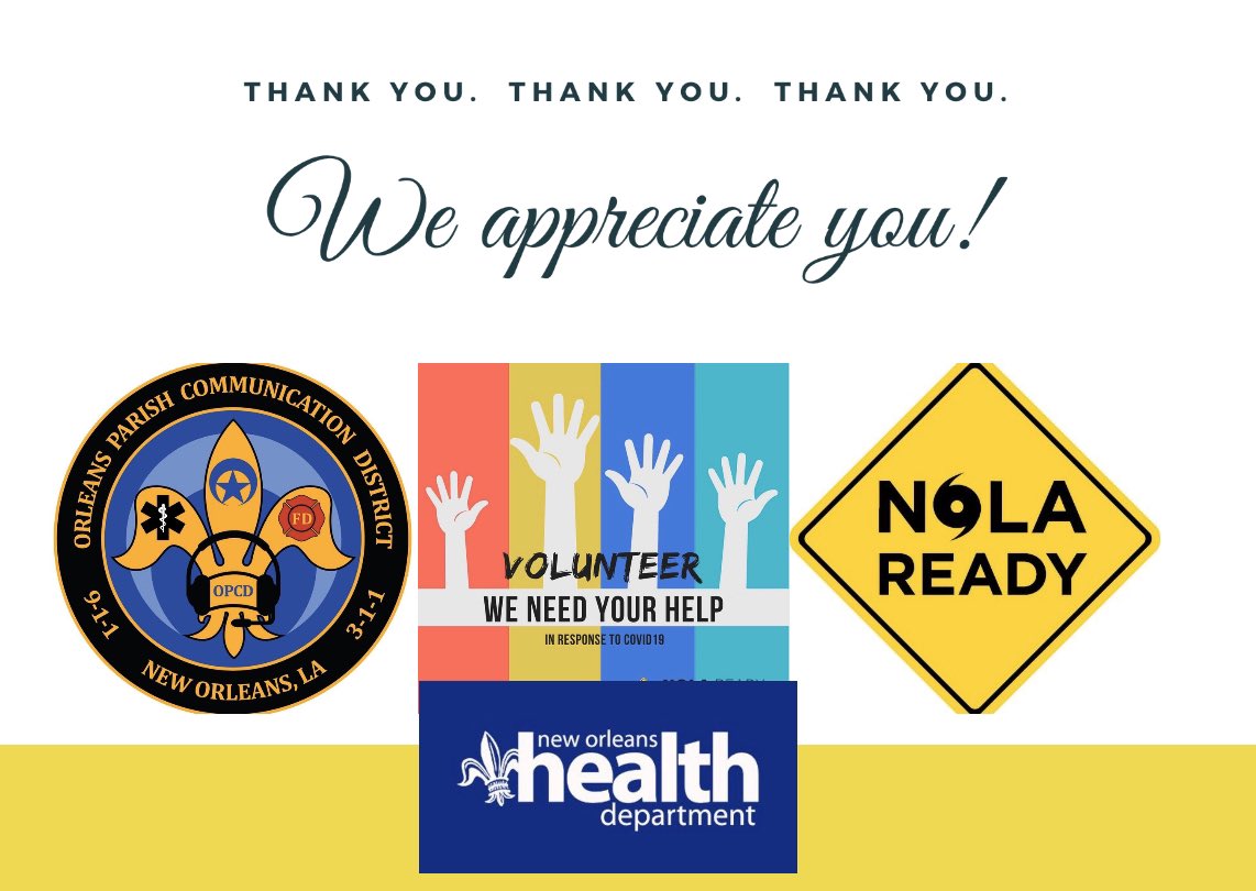 mayorcantrell's tweet photo. Thank You! Thank You! Thank You!
We wanted to show some love to our #NOSHEP Homeland Security, our @NOLAHealthDept, 911 @OPCDLA, @311nola, and of course our @NOLAHealthDept, #MedicalReserveCorps and all our volunteers!!!!
We appreciate all the work you are doing! #CityOfYes https://t.co/EA4Np7c4Z8