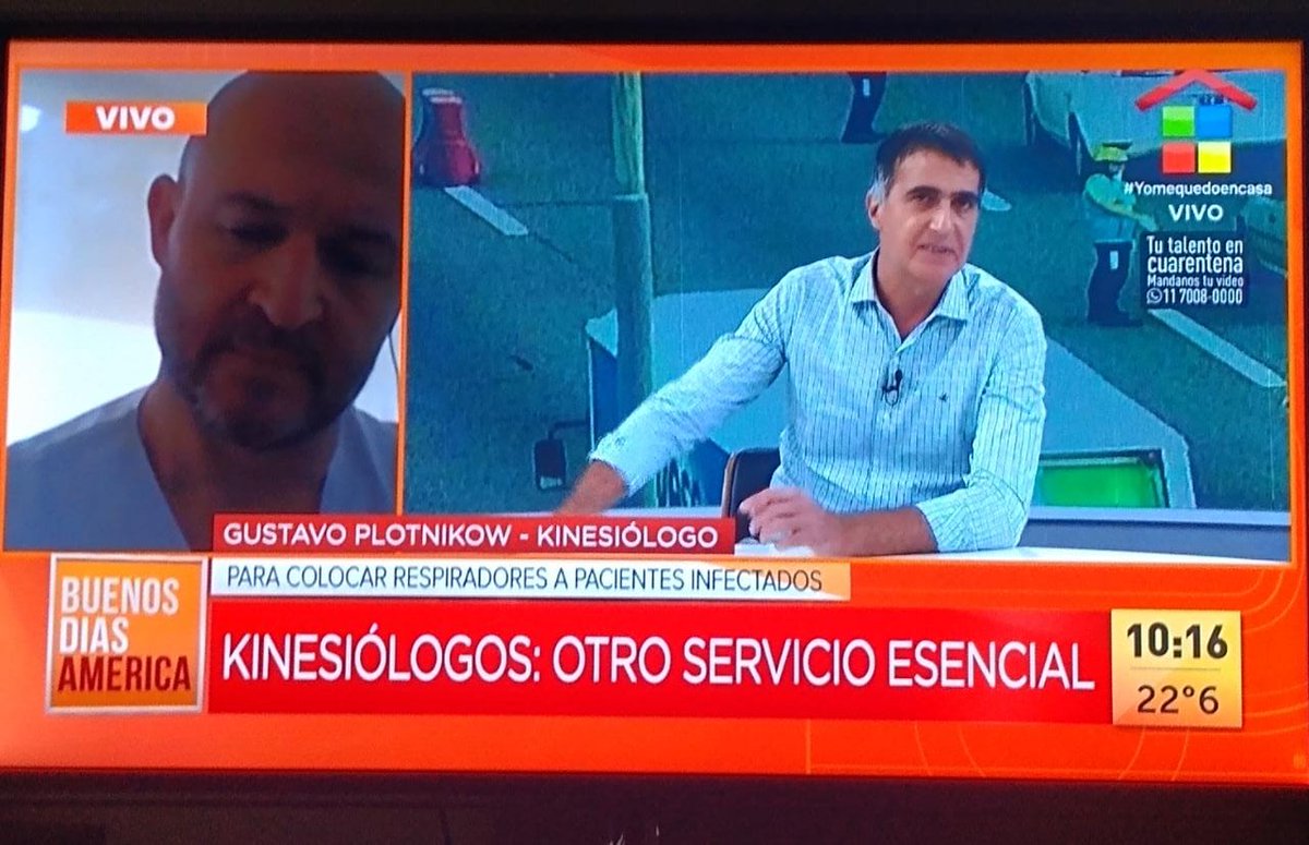 Orgulloso de representar a mis colegas en este momento para que la sociedad conozca el rol del #Kinesiologo 
Agradezco a <a href="/america/">America</a> y a mi colega <a href="/fertossi/">FERTossi</a> por la gestión y la difusión
#Kinesiologos #UCI #COVID #PersonalEsencial #JuntosLosKine #VosQuePodesQuedateEnCasa