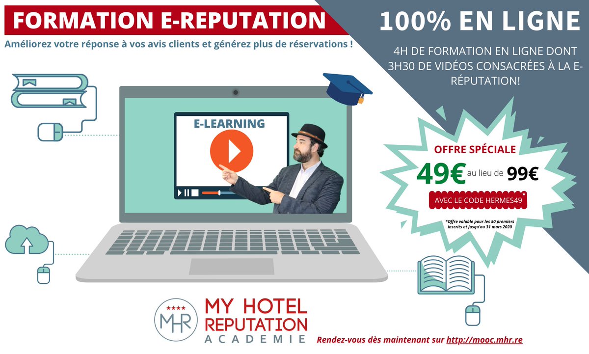 MyHotelRep's tweet photo. En cette période de confinement, je me suis dit qu'on avait du temps et qu'on pouvait en profiter pour se former.
J'ai donc peaufiné une formation MOOC, rapide et efficace, sur le thème des avis en ligne.
OFFRE DE LANCEMENT, avec le code promo HERMES49
https://t.co/FSqBR8GTHr https://t.co/z6T6fJeBT7