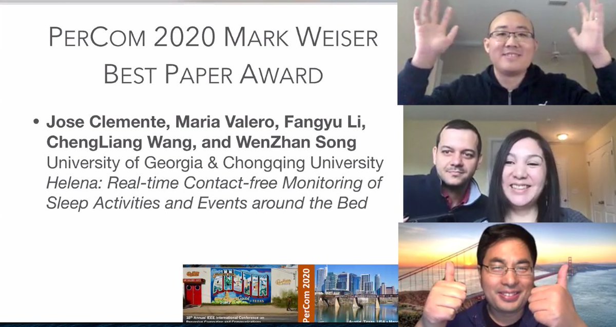IEEEPerCom's tweet photo. The Mark Weiser Best Paper Award of #Percom2020 goes to "Helena: Real-time Contact-free Monitoring of Sleep Activities and Events around the Bed" by Jose Clemente, Maria Valero, Fangyu Li, ChengLiang Wang & WenZhan Song (Chongqing University, China & University of Georgia, USA). https://t.co/KWAJkmFuiz