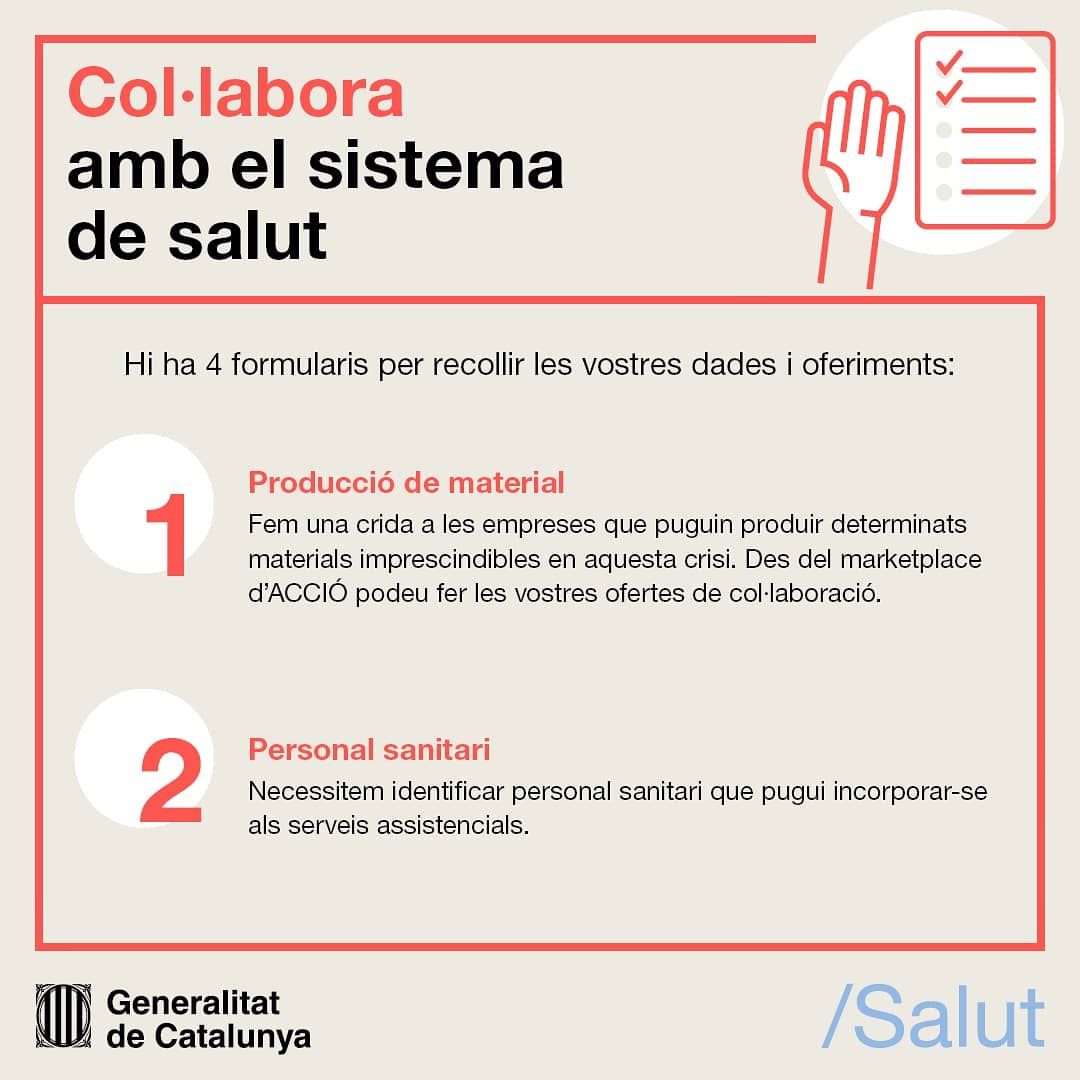 salutcat's tweet photo. Vols col·laborar amb el sistema de salut❓

👉 Hi ha 4 formularis per a oferiments:

📃per a voluntaris
🔗https://t.co/NLHHmR8bRg

📃per a material sanitari
🔗https://t.co/rlX2wBPsHy

📃per a personal sanitari
🔗https://t.co/yOuXIXlgbu

📃per a empreses
🔗https://t.co/umXwkYPIMD https://t.co/4JOqs3Ojd2