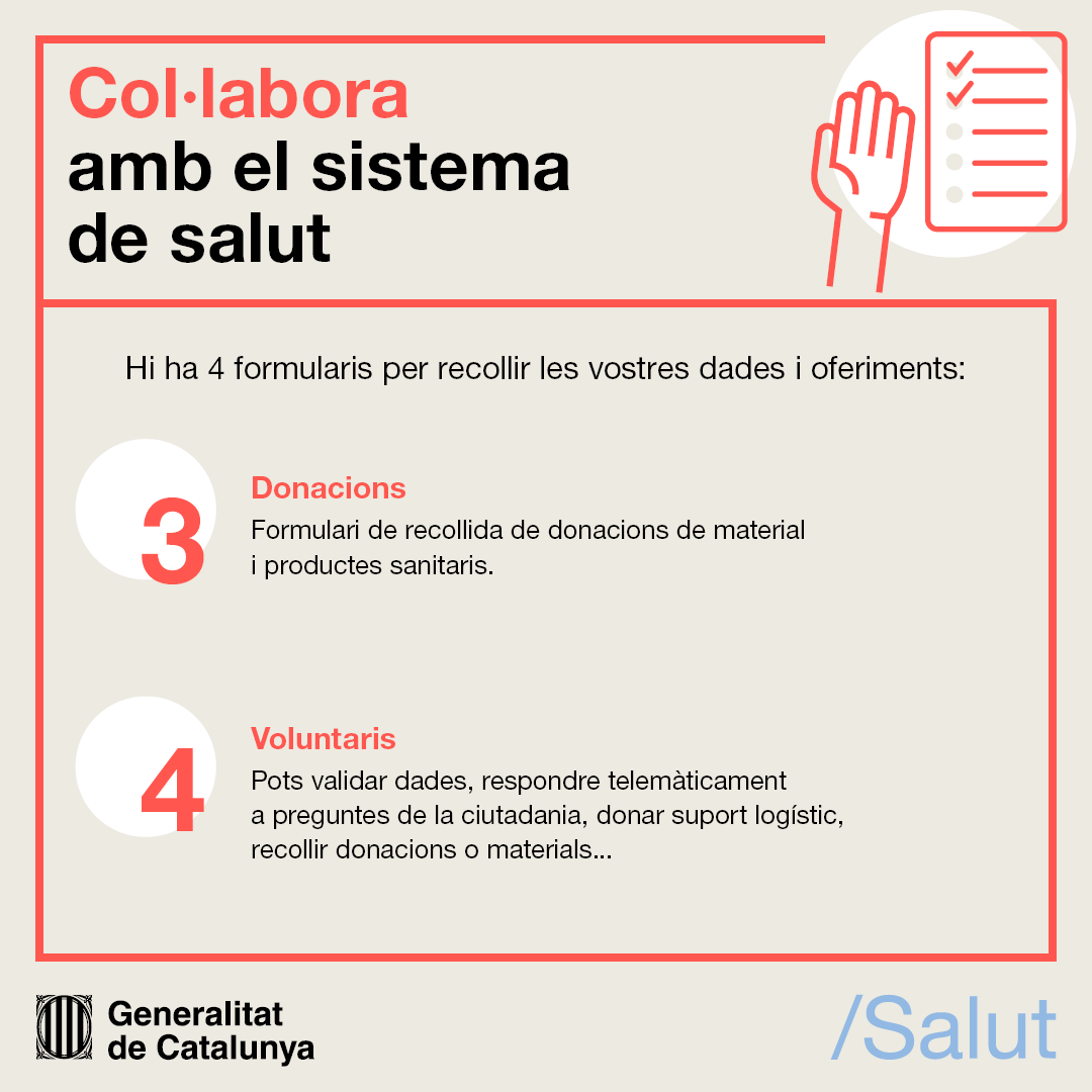 salutcat's tweet photo. Vols col·laborar amb el sistema de salut❓

👉 Hi ha 4 formularis per a oferiments:

📃per a voluntaris
🔗https://t.co/NLHHmR8bRg

📃per a material sanitari
🔗https://t.co/rlX2wBPsHy

📃per a personal sanitari
🔗https://t.co/yOuXIXlgbu

📃per a empreses
🔗https://t.co/umXwkYPIMD https://t.co/4JOqs3Ojd2