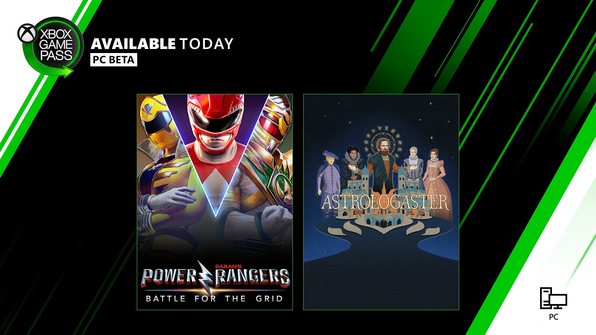 The box art for Power Rangers: Battle For The Grid and Astrologaster are placed against a white, green, and black background. The Xbox Game Pass Logo sits in the top left corner of the image. Text Reads: Available Today. PC Beta.