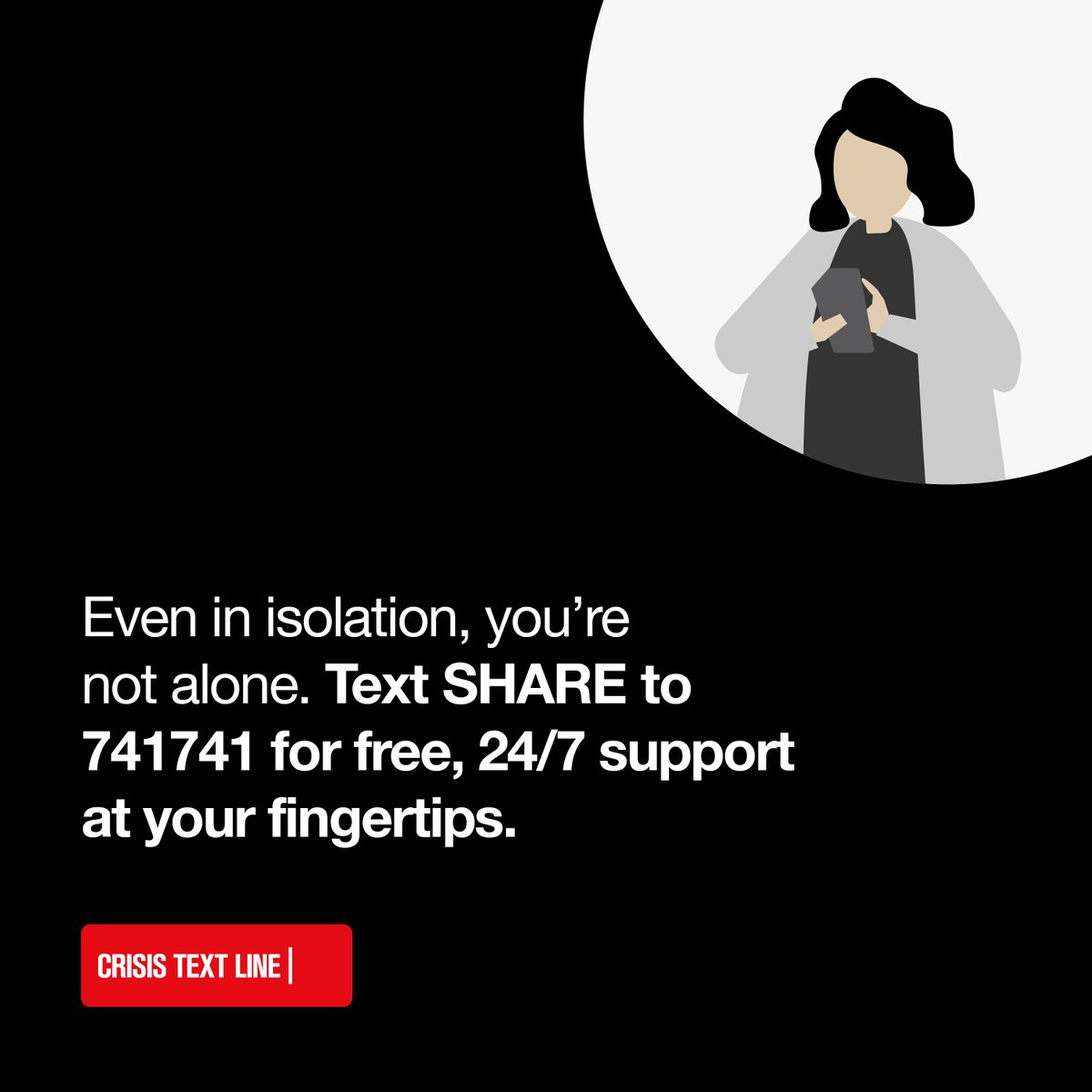 RepMoulton's tweet photo. No one deserves to feel alone, especially now. Even in self-isolation, @CrisisTextLine is here to help. As you practice social distancing, you can always reach Crisis Counselors by texting SHARE to 741741. https://t.co/dltc8BqGwF