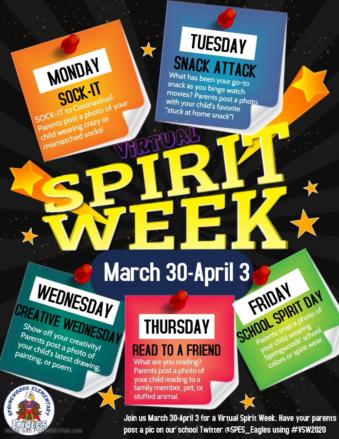 SPES_Eagles's tweet photo. Join us for our first Virtual Spirit Week, March 30-April3.  Please post pictures on twitter of your child participating.  Don't forget to tag us @SPES_Eagles and use the hashtag #VSW. @PWCSNews https://t.co/CHZnjpE2Ck