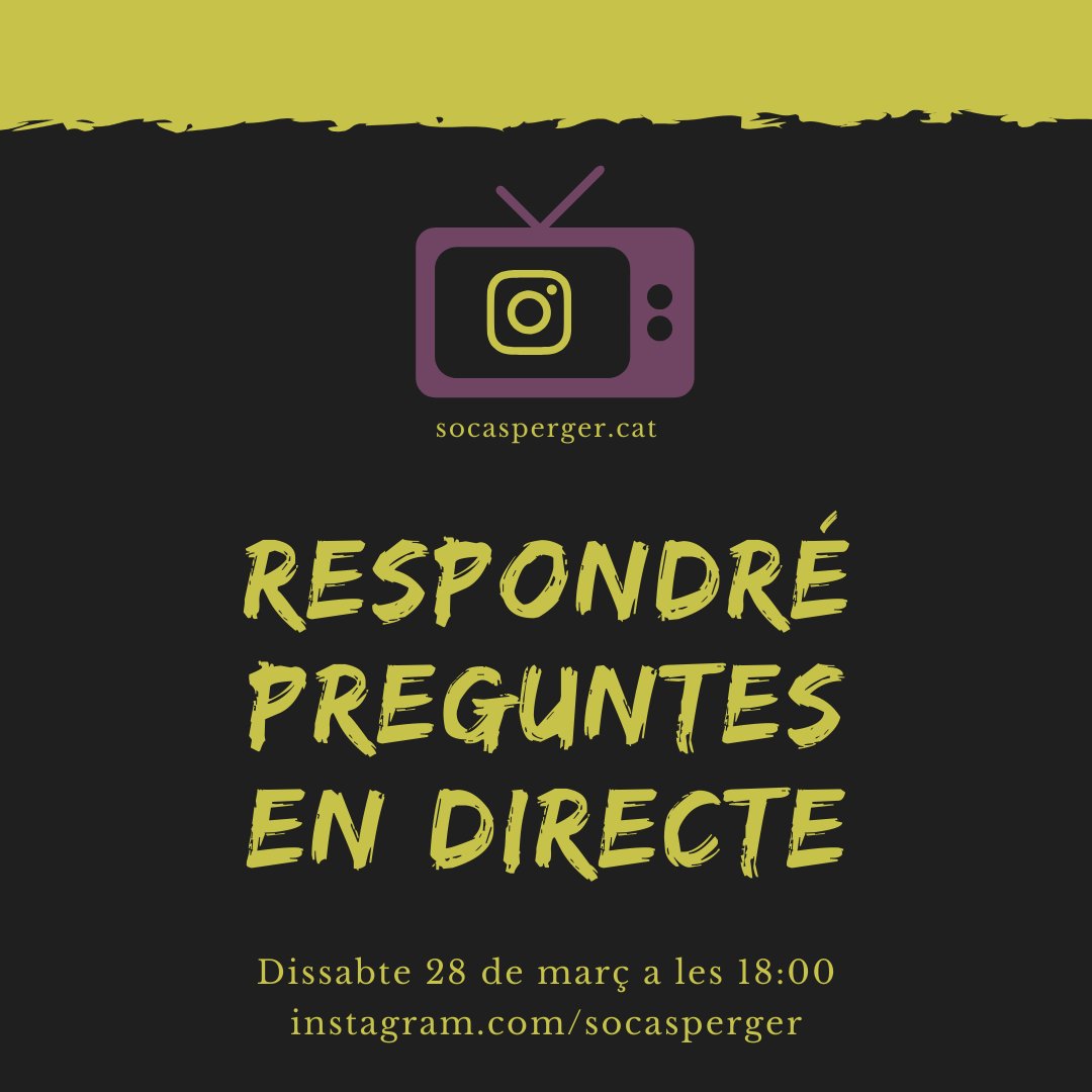 SocAsperger's tweet photo. Aquest dissabte a les 18:00 faré un directe d'Instagram per respondre les vostres preguntes!
https://t.co/jd8oCrW9gC
#asperger #socasperger #autisme #aspergeradult #aspergercatalunya #autismawareness #autismadvocate #TEA #socteactiu #socTEA #teactiu #teactivisme #confinament https://t.co/95Ppudtw4M