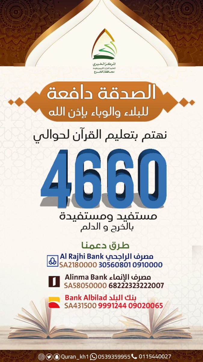 quran_kh1's tweet photo. الصدقة دافعة للبلاء والوباء بإذن الله

هل تعلم عدد من يخدمهم
#المركز_الخيري_لتعليم_القرآن_وعلومه_بالخرج ؟ 

#السعودية #السعوديه 
#كرونا #كرونا_الجديد https://t.co/iC34vBi8TR