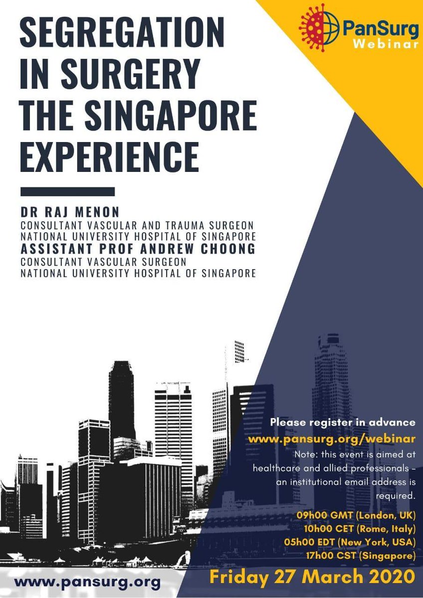 PanSurg's tweet image. Don’t forget to sign up for tomorrow’s #webinar! We’ll be kicking off at 9am GMT with Dr Raj Menon and  @DrAndrewChoong from National University Hospital of Singapore. They'll be speaking on segregation in surgery in #Singapore during #COVID19: pansurg.org/webinars