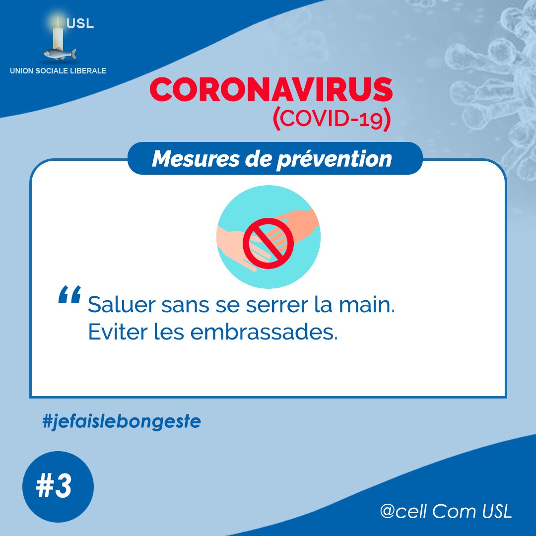 uslbenin's tweet photo. 3- Saluer sans se serrer la main.
Eviter les embrassades.
#Covid19
#jefaislebongeste
#USLBénin. https://t.co/AaZ3xsN0Z0