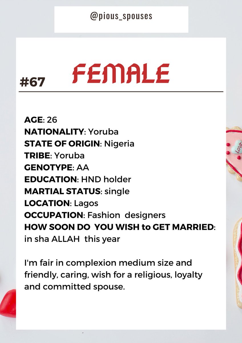 pious_spouses's tweet photo. Assalamu alaikum warahmatullah wabarakatu, 

Dear brothers......, please DM💬 if interested. #RetweeetPlease #TAG a friend... Jazakhallahu khayr🙏

#piousspouses #pious_spouses #lagos #yoruba #muuslimtwitter #muslimah #Muslims #nikkahonly #matchmake https://t.co/1WkVLg7tDx