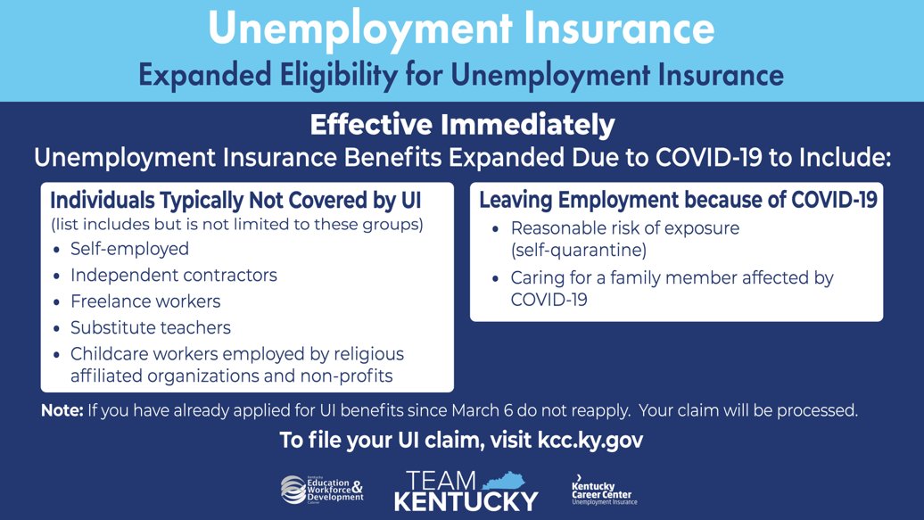 We have expanded eligibility for Unemployment Insurance in Kentucky during #COVID19. If you have not applied visit kcc.ky.gov. #TeamKentucky #TogetherKy