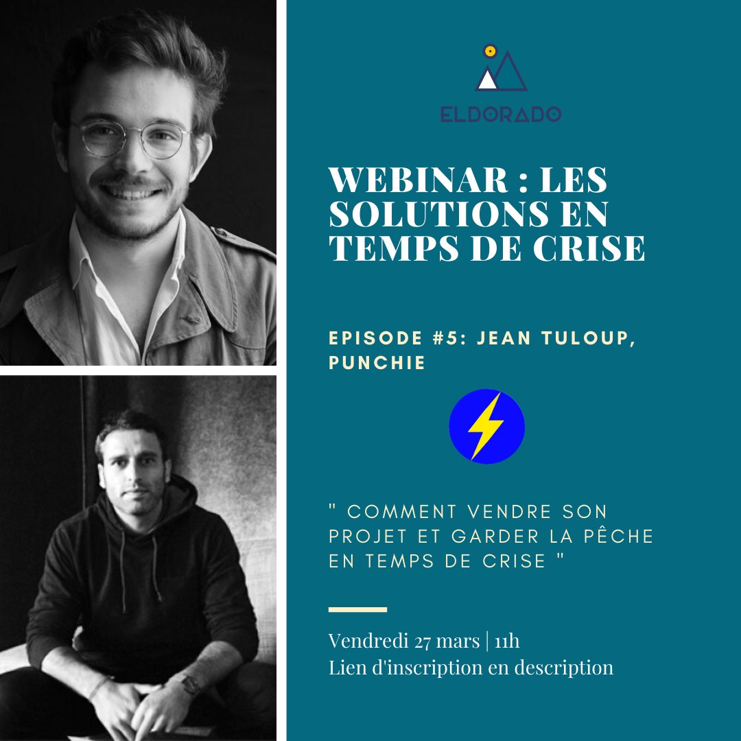 EldoradoDotCo's tweet image. [Webinar Eldorado]

Demain à 11h @AdrienChl &amp;amp; @TuloupJean Co-founder de #Punchie, vous expliqueront comment bien vendre son projet et garder la pêche en temps de crise 🔥💪

Inscrivez-vous gratuitement 👉 lnkd.in/d_4Qfrw