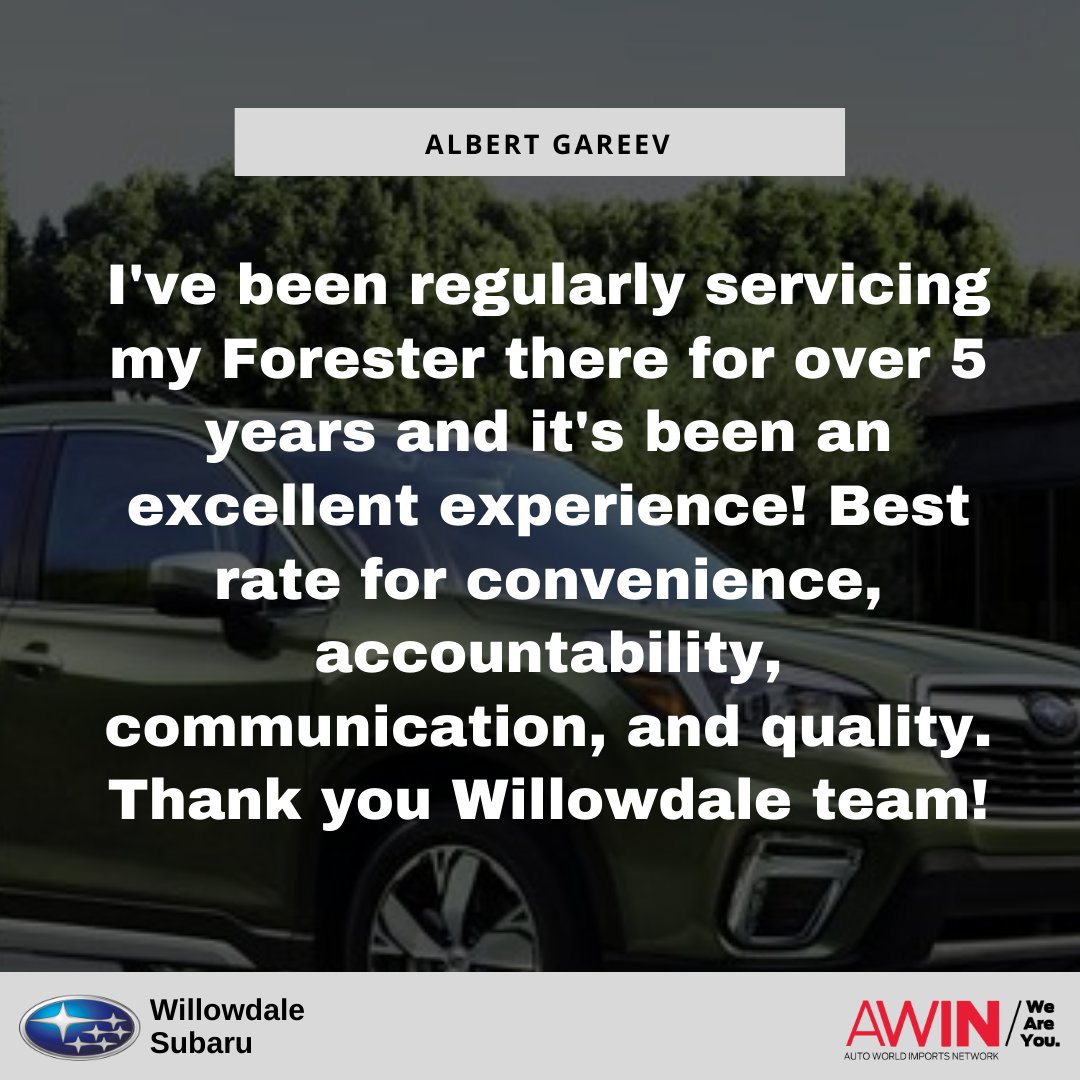WillowSubaru's tweet photo. Thank you for the great review, Albert! So glad to hear you’ve been consistently having an amazing experience at #WillowdaleSubaru. 

#AWIN #AWINgroup #AWINweareyou #WeAreYou #SubieNation #weareheretohelpyou #customerservice #Testimonial #HappyCustomer https://t.co/fOpXQGtEgW