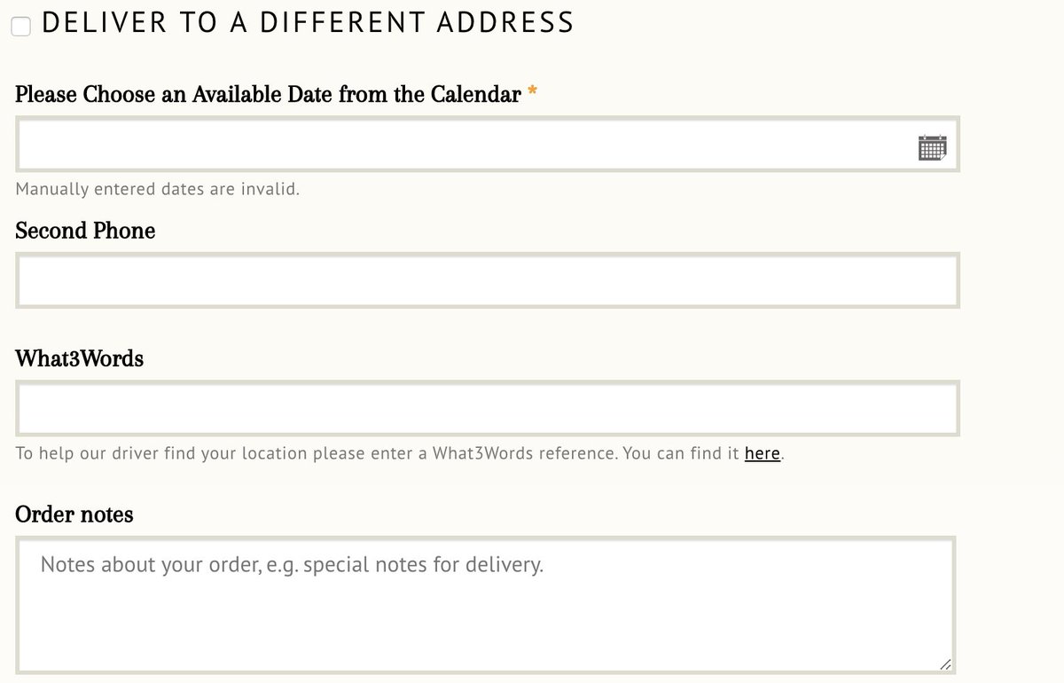 Screen shot of the log company's website checkout. Field asking for what3words address.