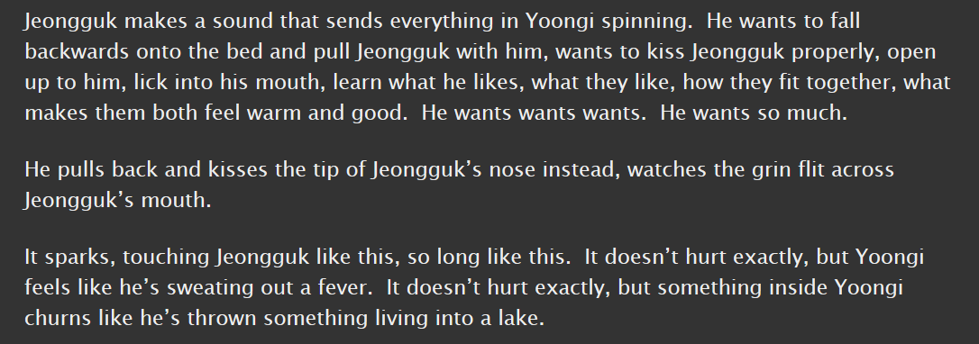 yoonkook, t, 22.5k || very soft, ambiguous ending, sadness, low magic, yoongi and jk learn to touch without hurt || masterfully constructed, a tone poem of a fic  https://archiveofourown.org/works/15943844 