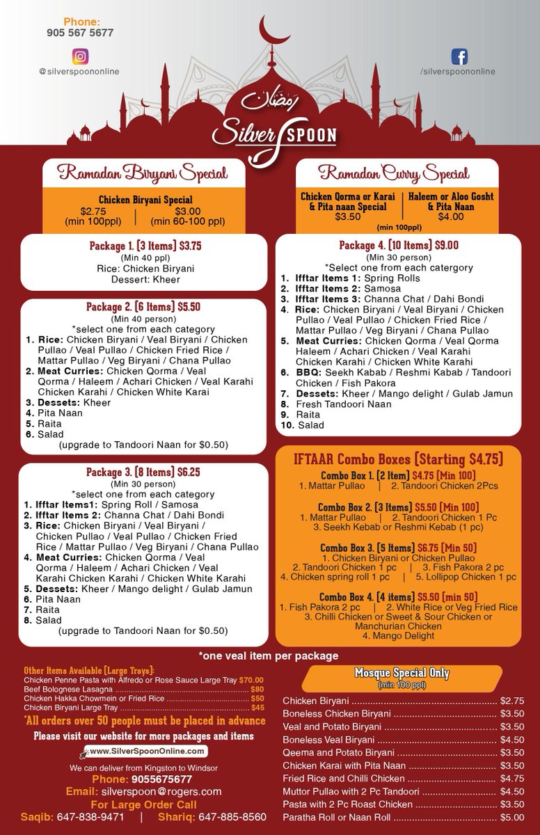ss_silverspoon's tweet photo. Avail exciting catering deals to make your iftar time more special!

FOR RAMADAN CATERING INQUIRIES CALL: (905) 567-5677

#silverspoon #desifood #halalfood #pakistani #indian #halal #catering #gtaramadan #ramadan2020 #ramazan #ramadan #catering #halal #iftar #iftaar #biryani #gta https://t.co/xHyTrpc6Zs