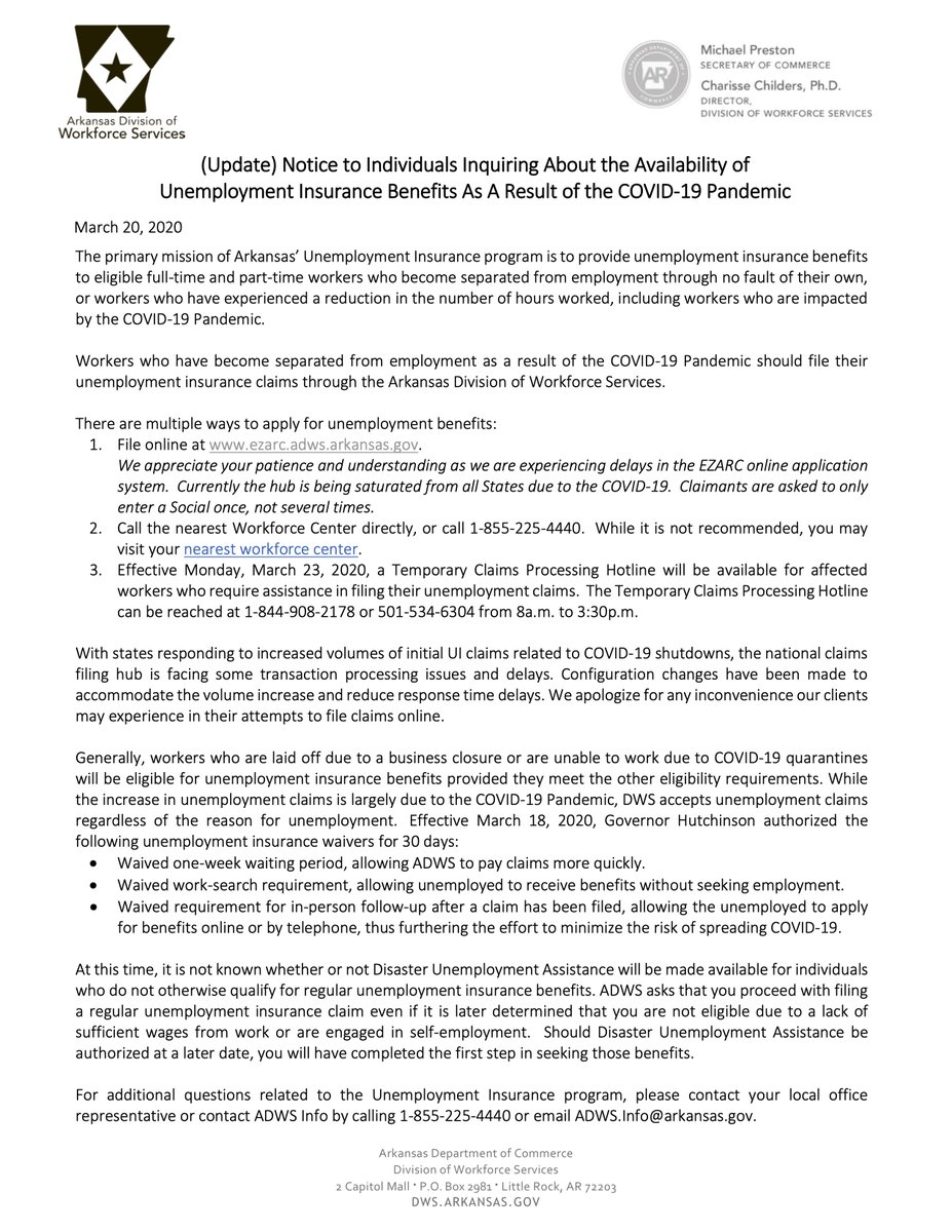 UNEMPLOYMENT BENEFIT FILING
Due to a record number of people filing for Unemployment Benefits at this time, we ask for your patience when you are calling or trying to file online.  We are in the process of upgrading our systems to better serve all Arkansans.
#COVID19Ark