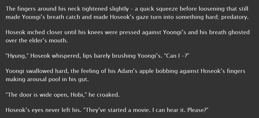 sope, e, 14.6k || hoseok has a thing for yoongi's neck, they figure it out together; inspired by the run bts cops episode  https://archiveofourown.org/works/10310810/ 