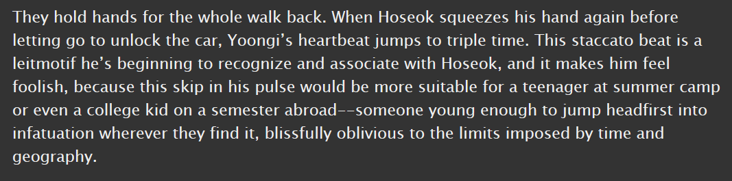 sope, m, 17k || forgetting sarah marshall au; yoongi gets dumped, flees to hawaii, accidentally finds a family || the perfect romantic comedy, only good vibes, a wonderful way to escape what ails you  https://archiveofourown.org/works/14984558 