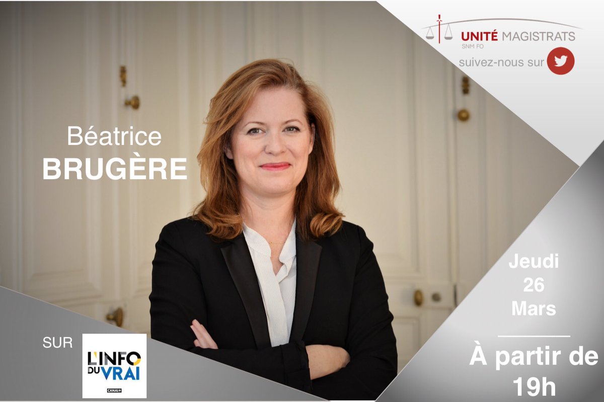 #COVID19 #Justice Béatrice Brugère, Secrétaire Générale du #syndicat Unité <a href="/Magistrats/">Magistrats</a> <a href="/SnmFo/">Unité Magistrats SNM FO</a> interviendra ce jeudi 26 mars 2020 à partir de 19h, sur <a href="/canalplus/">CANAL+</a> dans l’émission <a href="/linfoduvrai/">L'Info Du Vrai</a> présentée par Yves Calvi #coronavirus <a href="/justice_gouv/">Ministère de la Justice</a> #Covid_19fr <a href="/force_ouvriere/">force_ouvriere</a>