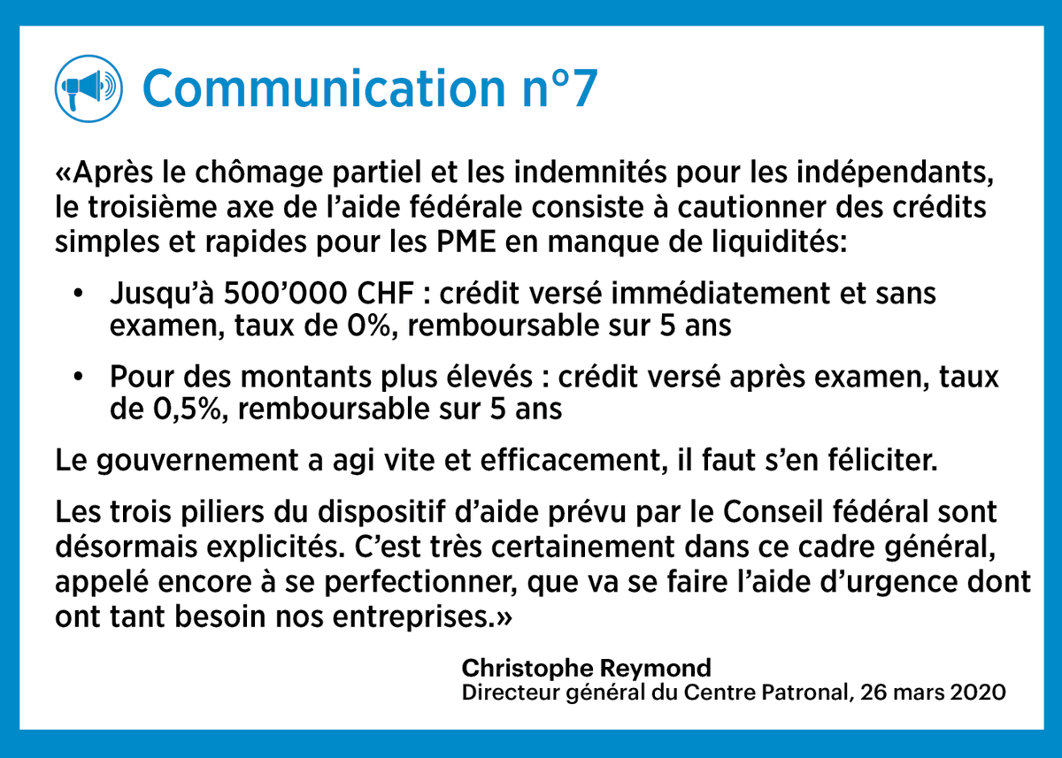 Communication n°7 de <a href="/chreymond/">Christophe Reymond</a> Directeur général du Centre Patronal #COVID19 #SARSCOV2 #Coronavirus #Economie #Entreprises #credits  #Suisse