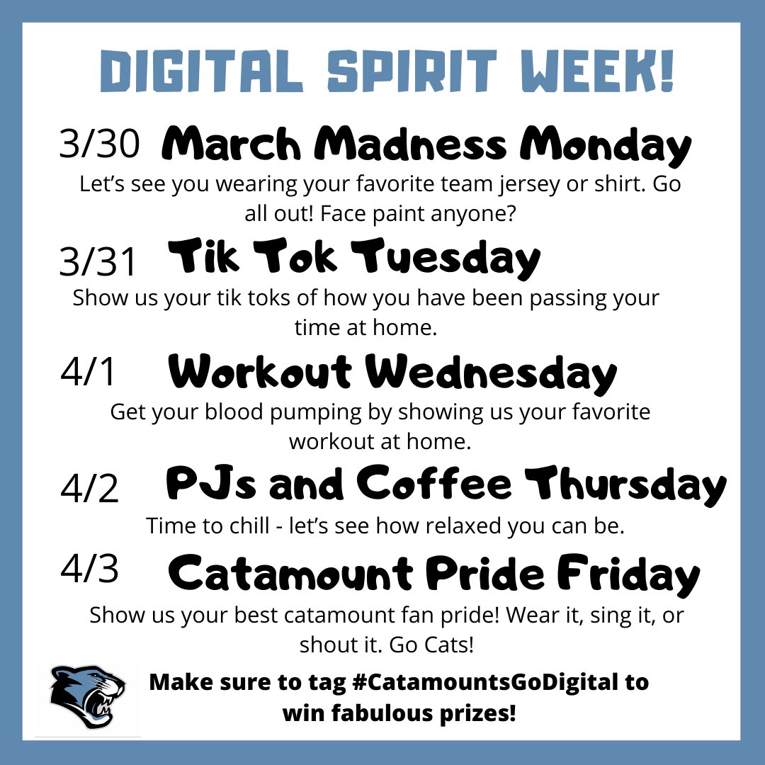 Alright Catamounts get ready for our Digital Spirit Week next week! #Catamountsgodigital    <a href="/CreekPtsa/">Panther Creek HS PTSA</a> @_Panther_Creek_