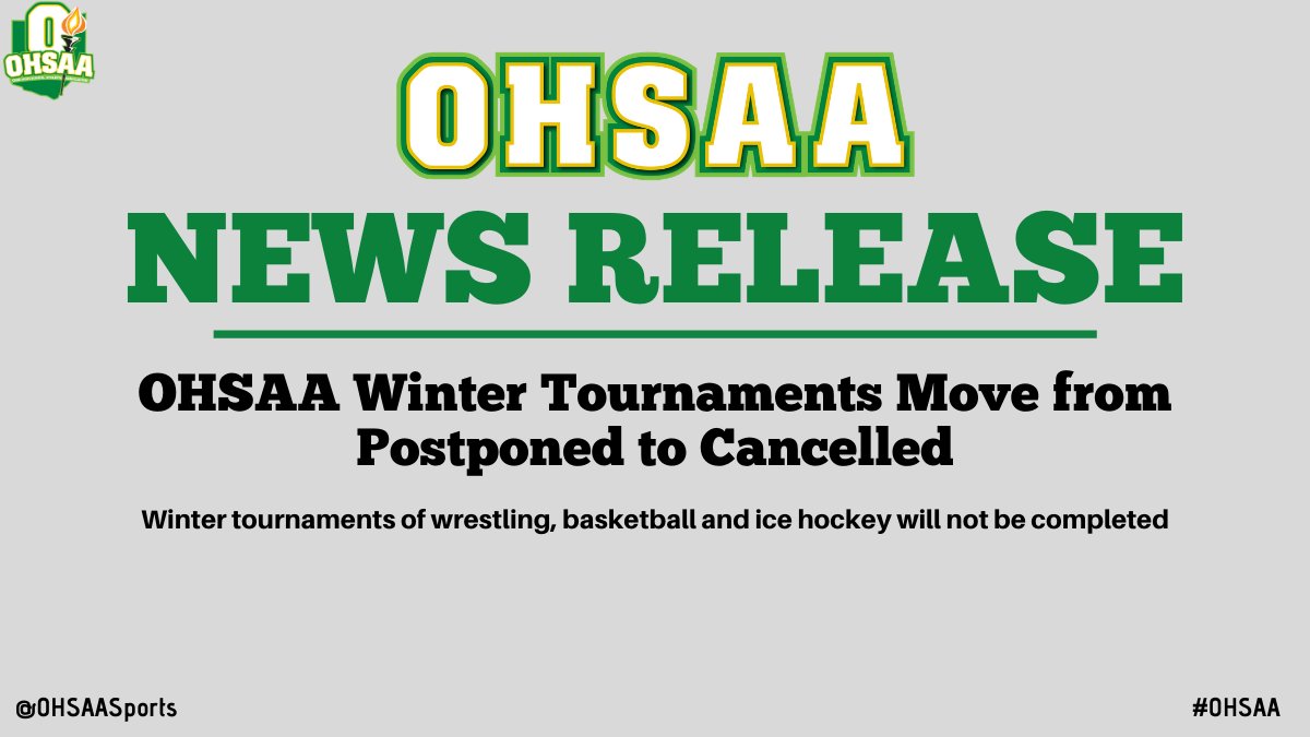 OHSAASports's tweet photo. #OHSAA RELEASE: OHSAA WINTER TOURNAMENTS MOVE FROM POSTPONED TO CANCELLED

https://t.co/6K61cUxana https://t.co/xnqRXxnLJs