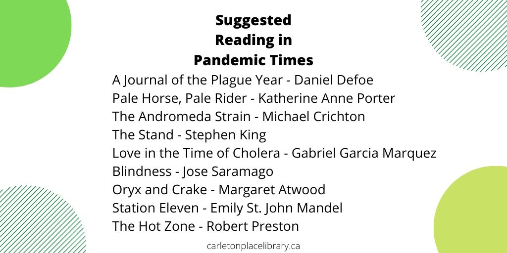 CPLibrary101's tweet photo. @CPlaceNews Okay, here's a suggested reading list. Not a lot in the way of non-fiction, but lots of interesting reads here. #cplibrary #COVID19 #pandemicreadinglist https://t.co/Sm9lU90DCS