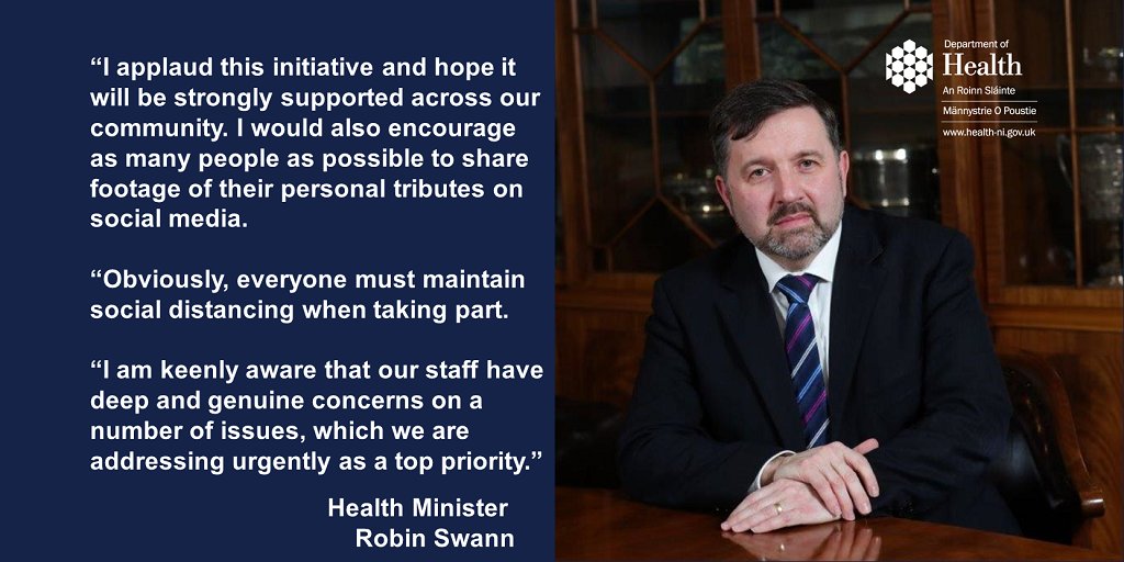 Health Minister Robin Swann has urged everyone across Northern Ireland to show their support for healthcare workers by clapping from their front doors and windows at 8pm tonight. 👏

#ThankYou #ClapforNHS #COVID19