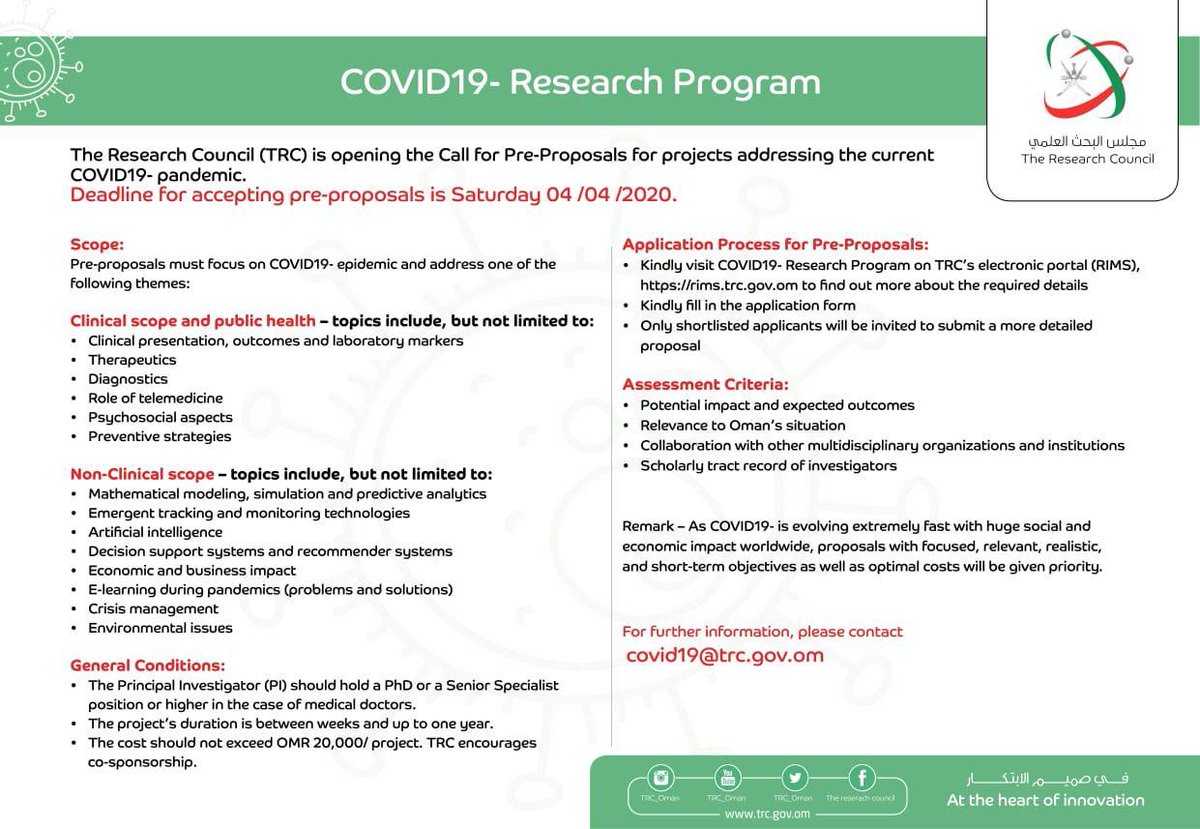 RIA_OMAN's tweet photo. The Research Council is opening the call for Pre-Proposals for projects addressing the current #COVID19-pandemic

Deadline for accepting pre-proposals is Saturday 04 April
2020

@OmaniMOH
@SQU_Info
@unizwaoman
@NU_oman
@squhinfo
@royalhospital_ https://t.co/fgC6jdtKzm