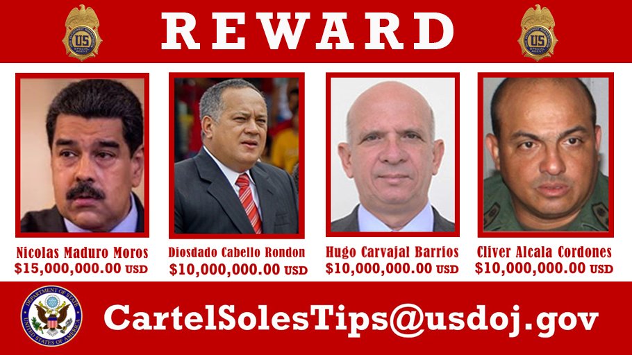 DEAHQ's tweet photo. Millions in rewards for info leading to the arrest/conviction of high ranking Venezuelan officials charged with narco-terrorism, corruption &amp; drug trafficking.  Read more https://t.co/4MVuqh5fkW https://t.co/RrBY7x4gUw