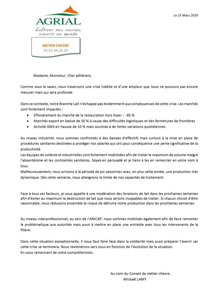 AlexiCoulon's tweet photo. Tu reçois un courrier du ministre de l'Agri @dguillaume26 faut continuer à produire pour faire vivre la France et qu'il nous encourage.2 jours après ta coopérative t'envoie un courrier pour te demander de réduire ta production! 🤔 😷 #Agrial #soignon #COVID19france #agriculture https://t.co/JYg1RfetCi